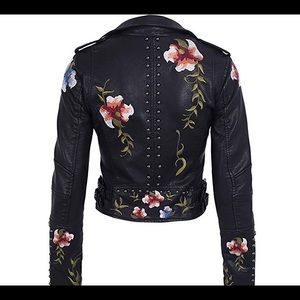 Floral embroidered black leather jacket